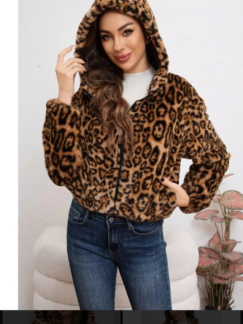 Leopard Print Faux-Fur Hooded Teddy Jacket - Brown/Black